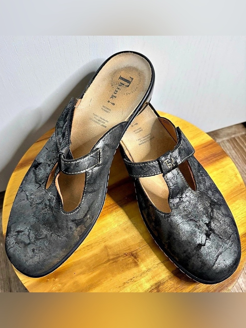Think Sz 9 Julia Comfort Leather Wedge Mules Black Maryjane Lagenlook Minimalist